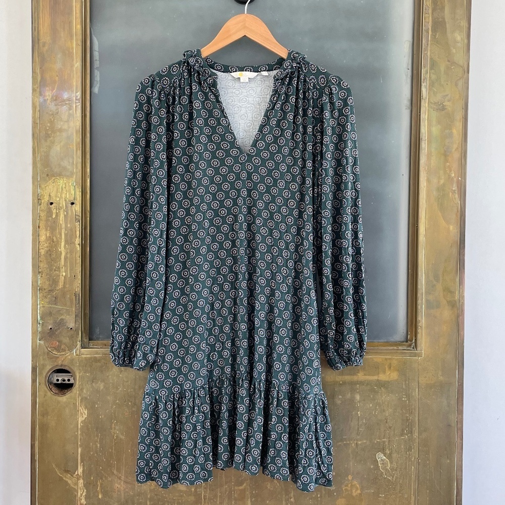 Boden Green Floral Mini Dress Long Sleeve Ruffle Hem Jersey Size 4 small